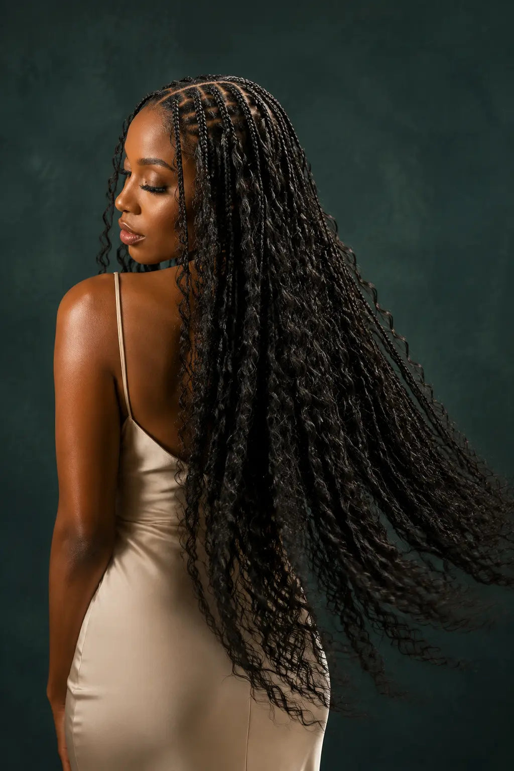 Boho braid styling inspiration showing Natural Black braids and loose deep waves in motion