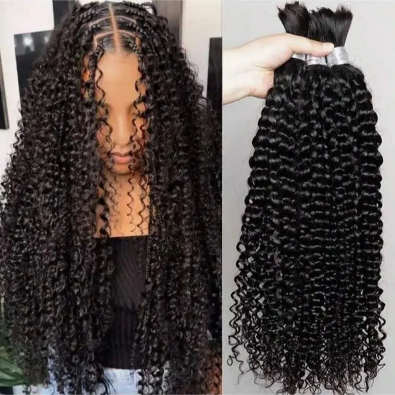 Deep wave braiding hair shown installed beside loose natural black bundles